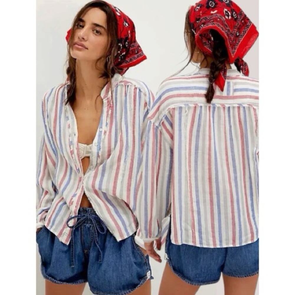 Free People Valley Double Gauze Cotton Striped Shirt Large Beach Coastal